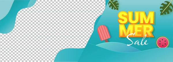 Sommerschlussverkauf Header Oder Banner Design Mit Wassermelonenscheibe Eis Monstera Blättern — Stockvektor
