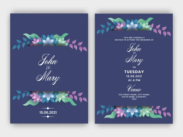 Wedding Invitation Card Template Layout Decorated Colorful Floral Front Back — Vettoriale Stock