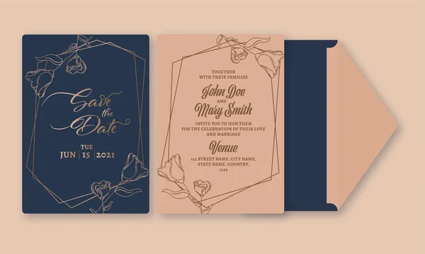 Eleganz Hochzeitskarte Vorlage Design Mit Doppelseitigen Blauer Und Brauner Farbe — Stockvektor