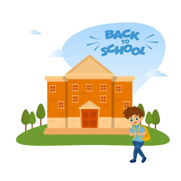 Illustration Cute Student Boy Standing Front School Building White Background — ストックベクタ