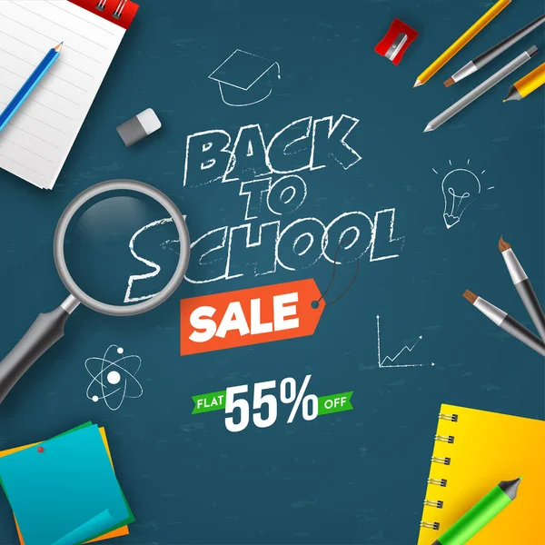 Back School Sale Poster Design Discount Offer Top View Supplies — Stock Vector