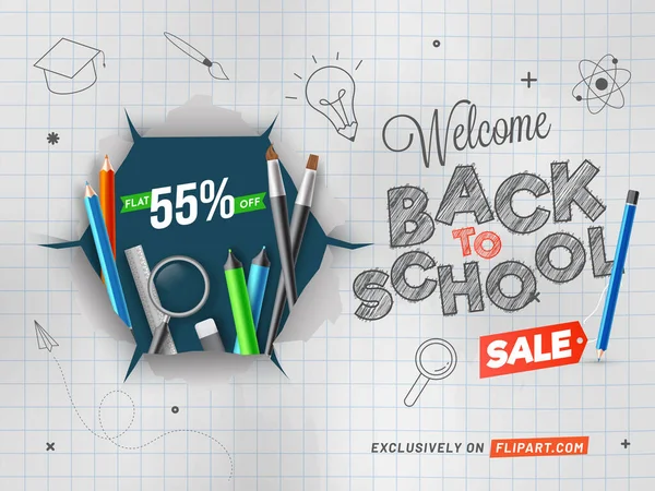 Doodle Style Welcome Back School Sale Poster Design Realistic Educational - Stok Vektor