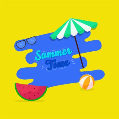 Summer Time Font With Umbrella, Eyeglasses, Watermelon Slice, Beach Ball On Blue And Yellow Background.