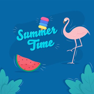 Summer Time Font With Ice Cream, Watermelon Slice, Flamingo And Leaves On Blue Background.