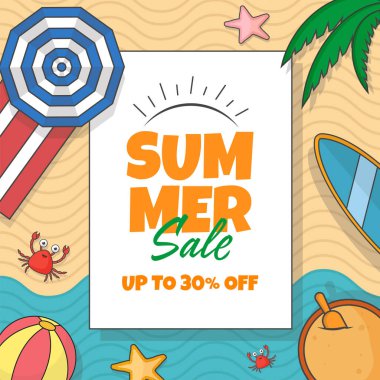 UP TO 30% Off For Summer Sale Poster Design With Beach Elements.