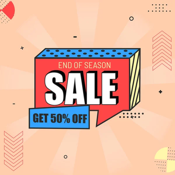 End Of Season Sale Poster Design With 50% Discount Offer On Pastel Orange Rays Background.