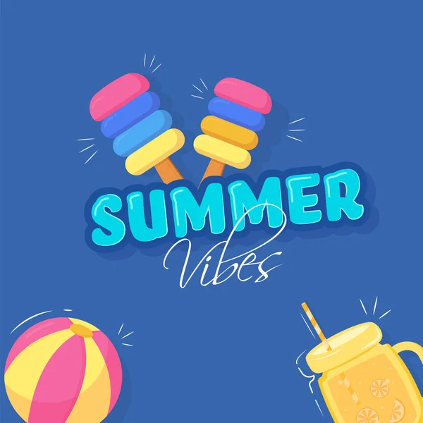 Summer Vibes Font Ice Creams Beach Ball Jug Illustration Blue — Vector de stock