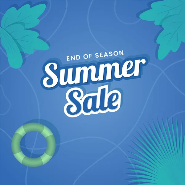 End Season Summer Sale Poster Design Swimming Ring Tropical Leaves — Stockvector