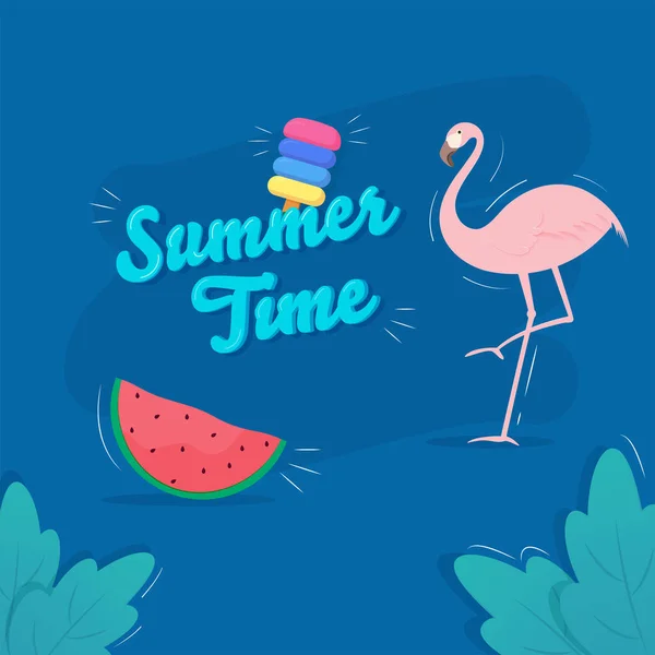 Summer Time Font Ice Cream Watermelon Slice Flamingo Leaves Blue — Vetor de Stock