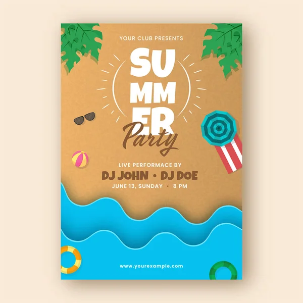 Summer Party Flyer Invitation Card Beach Elements Brown Blue Background —  Vetores de Stock