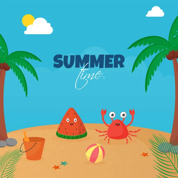 Summer Time Concept Cartoon Crab Watermelon Slice Sand Bucket Coconut — Vettoriale Stock