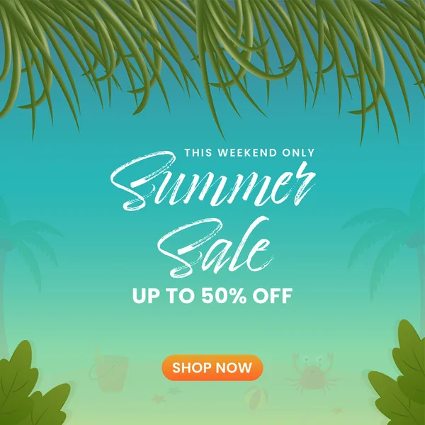 Summer Sale Poster Design Discount Offer Green Leaves Decorated Turquoise — Archivo Imágenes Vectoriales