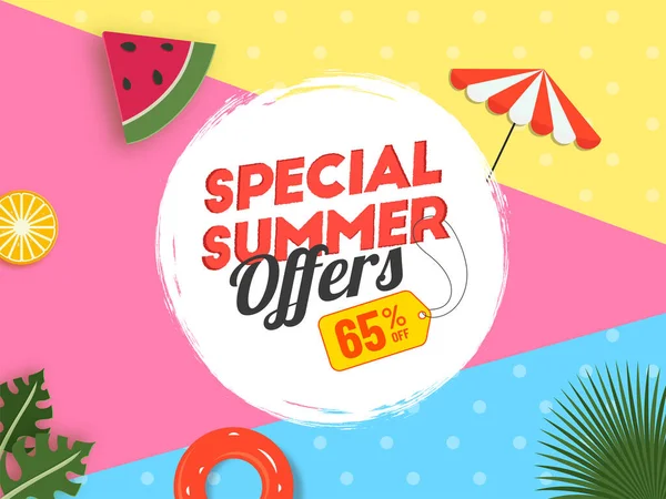 Summer Sale Poster Design Discount Offer Fruit Slice Umbrella Swimming — Wektor stockowy