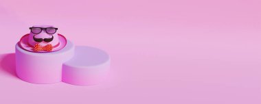 3B Görüntü: Fedora Şapka Gözlük, Bıyık, Pembe Podyumda Papyon.