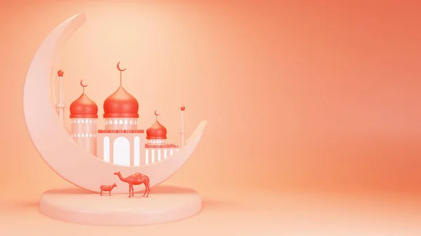 Representación Luna Creciente Con Mezquita Cabra Camello Podio Fondo Del —  Fotos de Stock