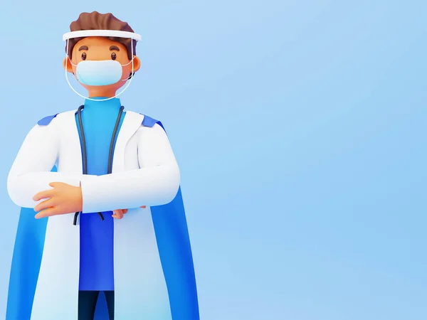 Illustration Super Doctor Man Wearing Mask Face Shield Blue Background — 스톡 사진