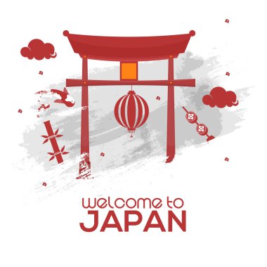 Japon Kapısı (Torii), Sallanan Fener ve Beyaz Arkaplan Üzerinde Fırça Efekti ile Japon Poster Tasarımı 'na Hoşgeldiniz.