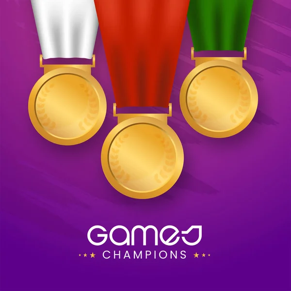 Games Champion Concept Met Drie Kleur Medailles Paarse Achtergrond — Stockvector