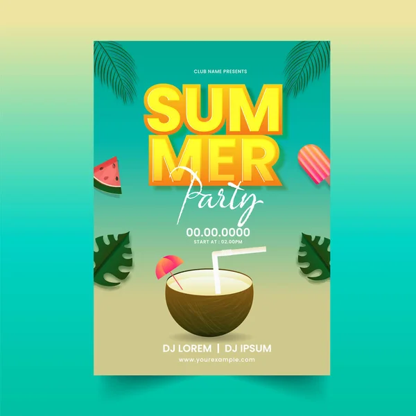 Summer Party Flyer Design Coconut Drink Event Details — Stock Vector