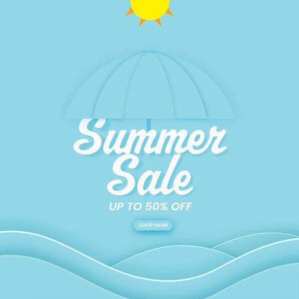 Summer Sale Plakáttervezés Kedvezményes Ajánlat Papír Vágott Esernyő Sun Kék — Stock Vector