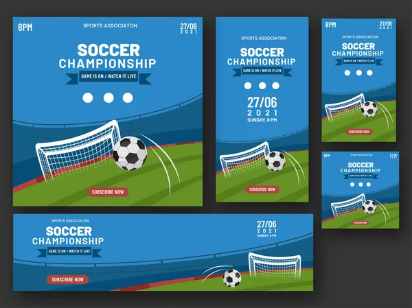 サッカー選手権バナー 5つのオプションで遊び場ビューとポスターとテンプレートデザイン — ストックベクタ