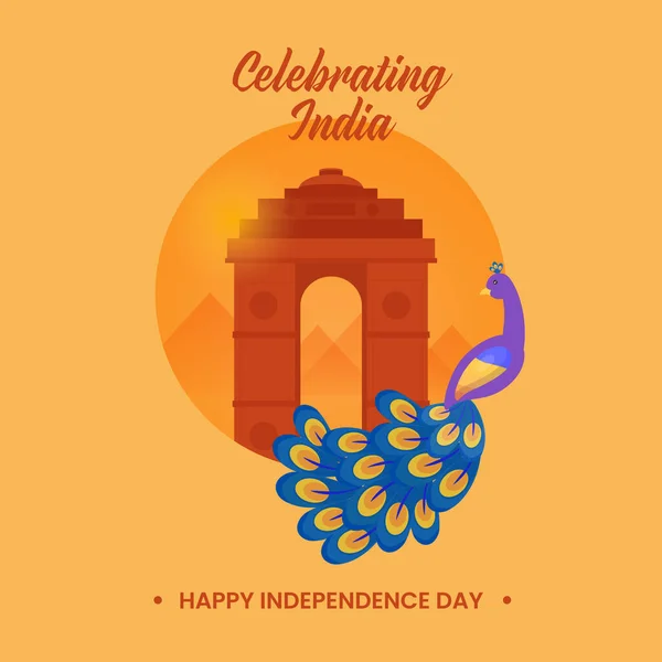 Happy Independence Day Concept India Gate Monument Peacock Bird Orange — Stock Vector
