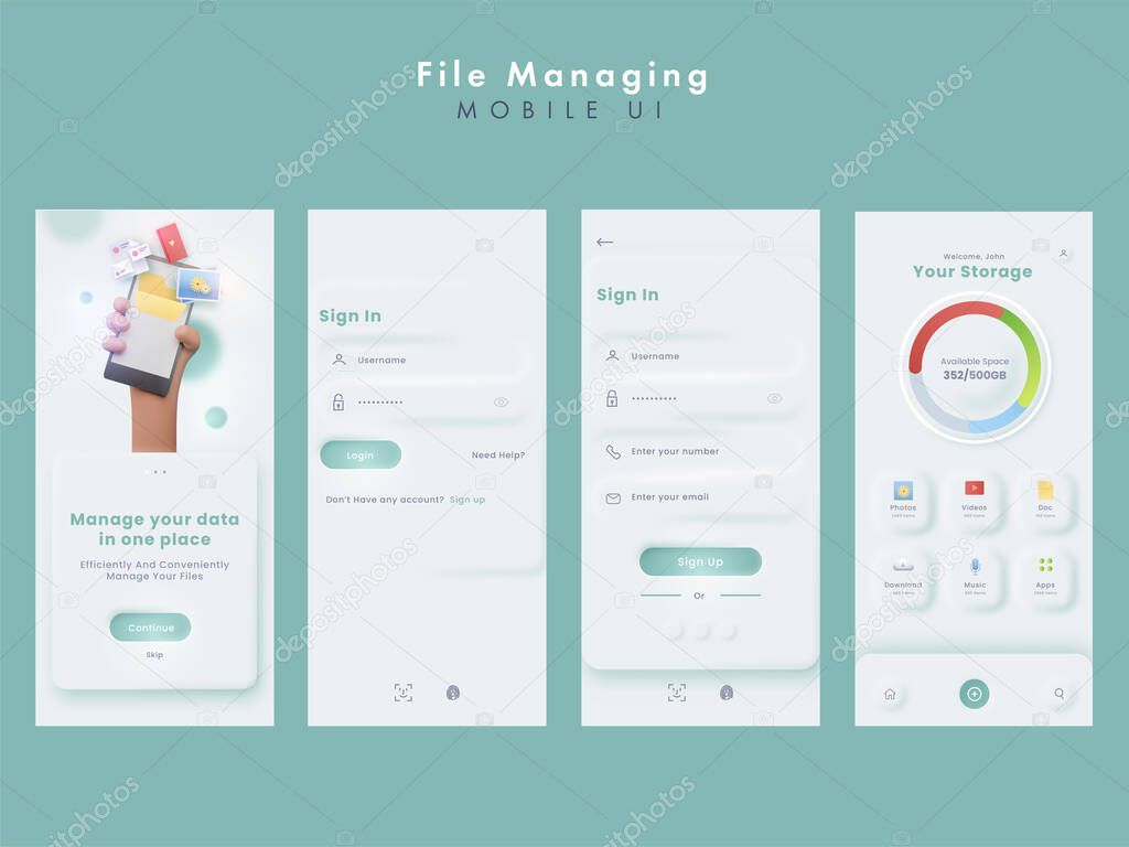 File Managing Or Data Manage Mobile UI Kits On Pastel Cyan Background.