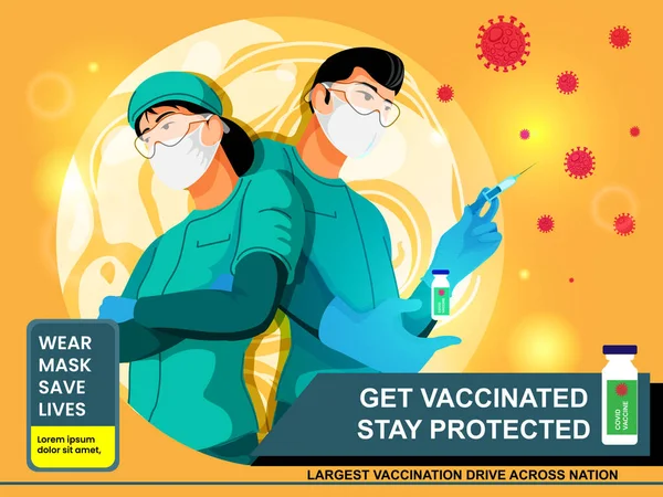 医护人员佩戴口罩 在橙色背景下接种疫苗 以保护疫苗的概念 — 图库矢量图片