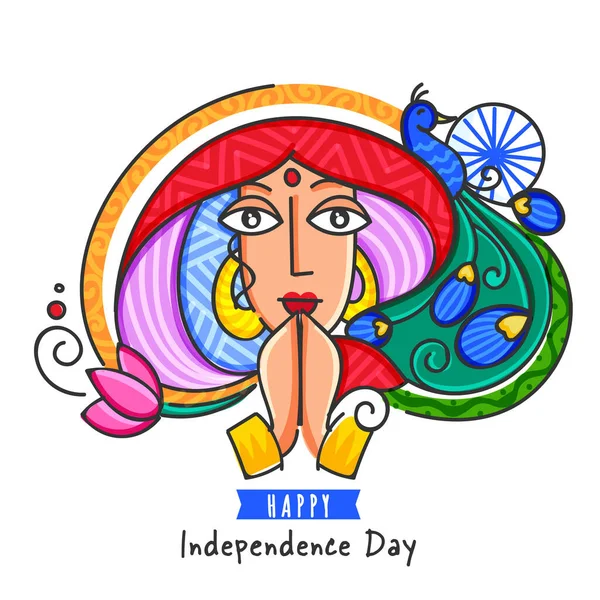 Conceito Feliz Dia Independência Com Mulher Colorida Que Faz Namaste — Vetor de Stock