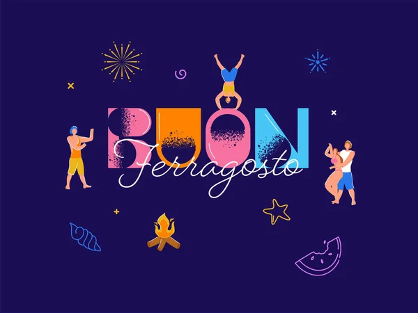 Buon Ferragosto Font People Dancing Bonfire Purple Background — 图库矢量图片