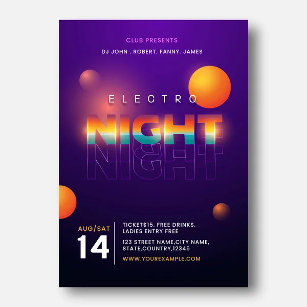 Electro Night Party Template Design Mit Veranstaltungsort Details Lila Farbe — Stockvektor