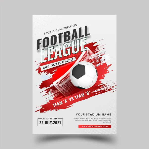 Football League Poster Design Con Pallone Calcio Realistico Effetto Pennello — Vettoriale Stock