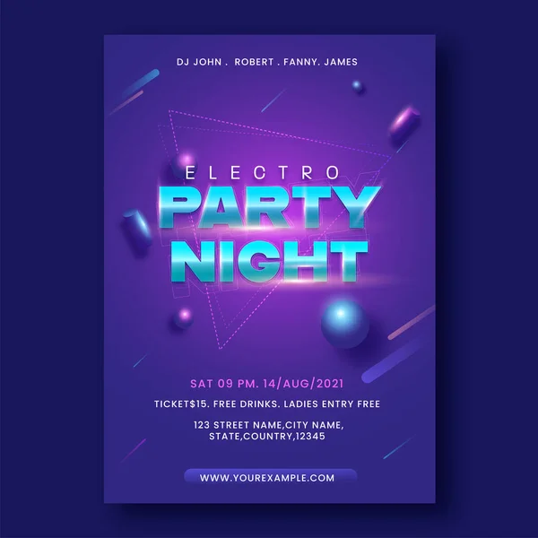 Electro Party Night Flyer Affiche Ontwerp Paarse Kleur — Stockvector