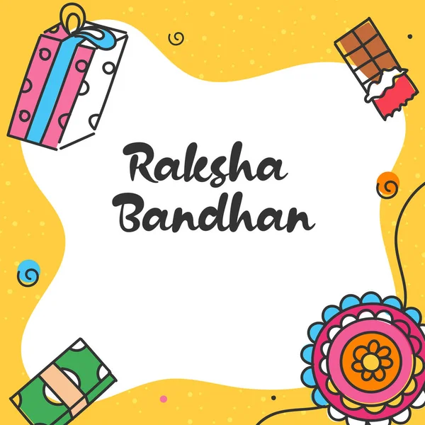 Raksha Bandhanフォント ドードルスタイルギフトボックス 白と黄色の背景にチョコレート — ストックベクタ