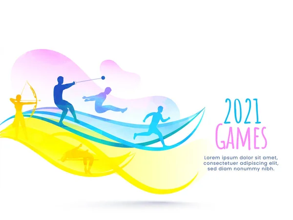 シルエットと2021年のゲームコンセプト抽象的な背景にアクションポーズで異なる陸上競技 — ストックベクタ