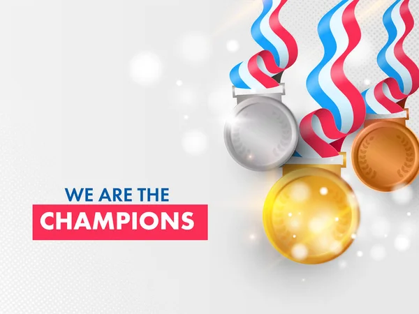 Champions Based Poster Design Realistic Three Medals Gray Bokeh Background — 图库矢量图片