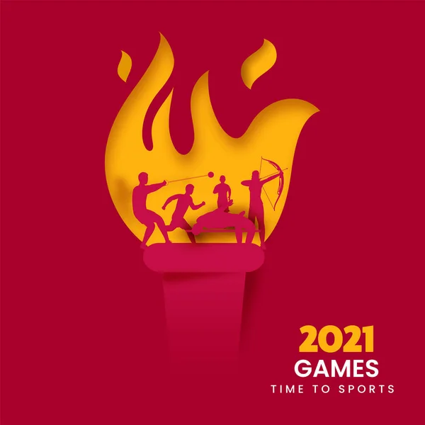 2021年の競技大会に向けて 紙切りの炎のトーチとシルエットの異なる陸上競技を使用したスポーツの背景 — ストックベクタ