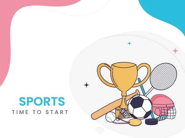 Sports Time Start Poster Design Trophy Cup Game Equipments White — Διανυσματικό Αρχείο