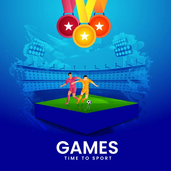 Games Time Sport Concept Diverse Footballer Playing Blue Stadium View — 图库矢量图片