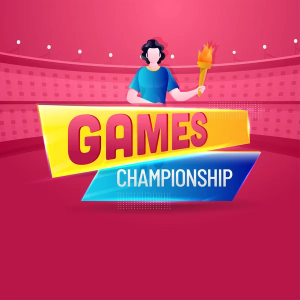 Games Championship Concept Faceless Athlete Holding Flaming Torch Pink Stadium — 图库矢量图片