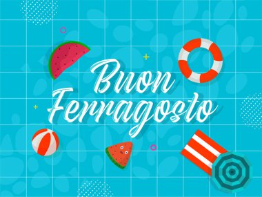 Buon Ferragosto Yazı Tipi Plaj elementleri Mavi Şebeke ya da Yüzme Havuzu Arkaplanı.