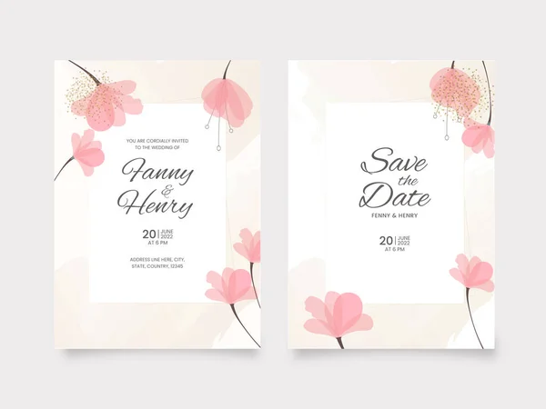 Blumen Hochzeitskarte Vorlage Design Mit Veranstaltungsort Details — Stockvektor