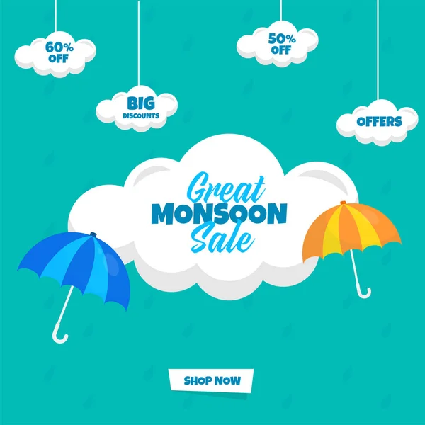 Great Monsoon Sale Poster Design Best Discount Offer Clouds Umbrella — 스톡 벡터