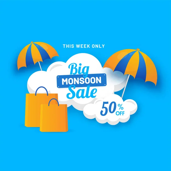 Monsoon Big Sale Poster Design Discount Offer Shopping Bags Umbrella — 스톡 벡터