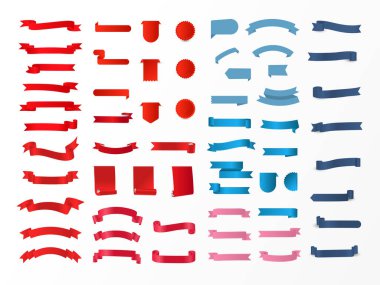 Beyaz Arkaplanda Etiket, Etiket ve Yer İmi Olarak Farklı Renkli Parlak Kurdele Koleksiyonu.