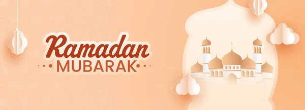 Concept Ramadan Moubarak Avec Illustration Mosquée Lanternes Coupées Papier Suspendues — Image vectorielle