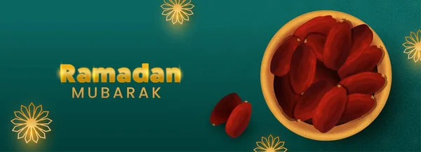 Golden Ramadan Mubarak Text Top View Dates Bowl Green Arabic — Stock Vector