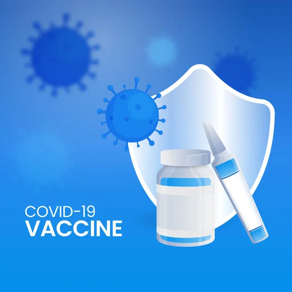 Covid Disegno Poster Vaccino Con Schermo Sicurezza Lucido Bottiglie Vaccino — Vettoriale Stock
