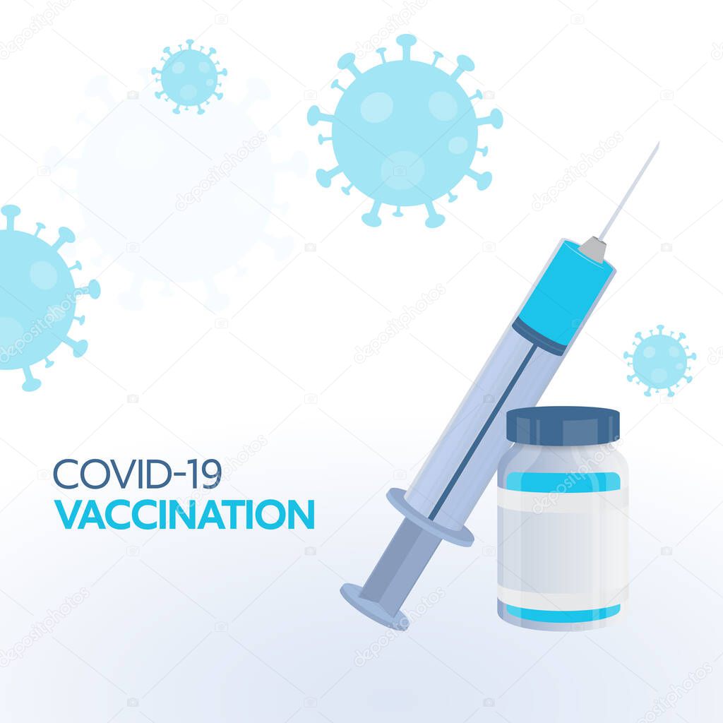 Covid-19 Vaccination Concept With Vaccine Bottle Near Syringe On White Coronavirus Affected Background.