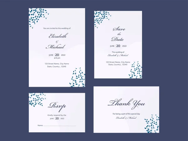 Wedding Invitation Suite Czterema Opcjami Niebieskim Tle — Wektor stockowy